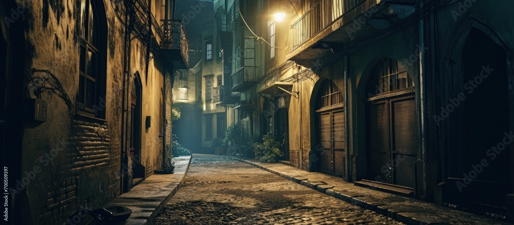 Fototapeta premium Dark empty scary urban city street alley with vintage buildings at night. Creative Banner. Copyspace image
