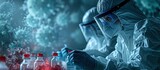 Asian scientist wear Chemical protection suit check danger chemical working at dangerous zone Collecting samples in case of Corona virus. Creative Banner. Copyspace image