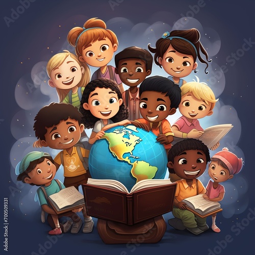 A cartoonish globe with little children from various ethnicities holding up their own personalized books