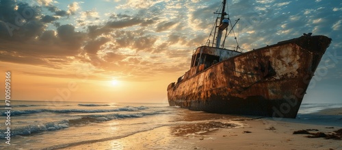 Abandoned boat wreck washed up on the beach one morning. Creative Banner. Copyspace image photo