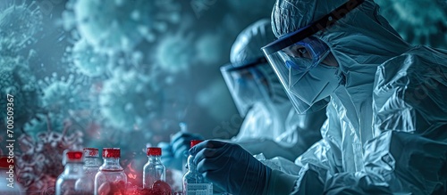Asian scientist wear Chemical protection suit check danger chemical working at dangerous zone Collecting samples in case of Corona virus. Creative Banner. Copyspace image photo