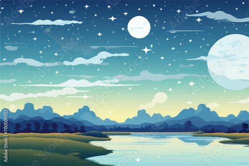 Fototapeta Naklejka Na Ścianę i Meble -  Serene Moonlit Landscape with Mountains and Lake. Peaceful sky with full moon over tranquil lake.  Nature landscape with moon in the sky. Illustration art. Nature moon Serene.