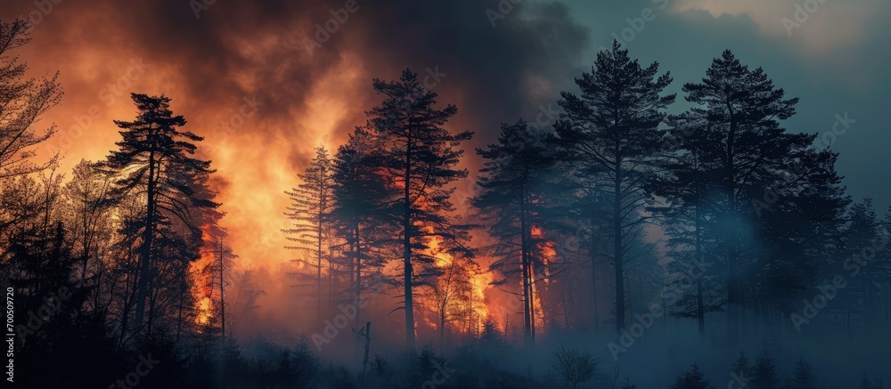 Forest fire at night Big cloud of smoke from a burning forest. Creative Banner. Copyspace image