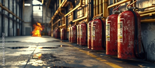 Geen fire extinguishers in the warehouse. Creative Banner. Copyspace image