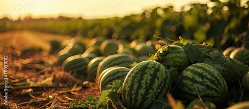 A pile of watermelons on the field at sunset. Creative Banner. Copyspace image
