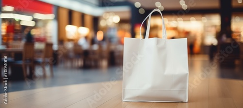 Shopping bag with blurred mall background. Generative AI technology.
