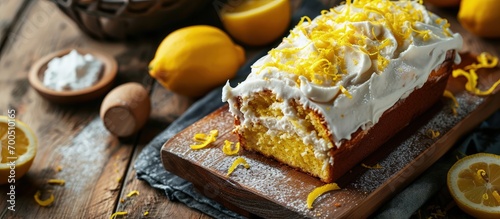 Classic lemon loaf cake on a wooden board garnished with frosting and lemon shavings Fast and tasty dessert. Creative Banner. Copyspace image photo