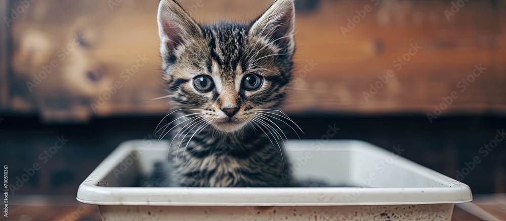 Picture of Cat in litter box White little kitten in toilet with sand filler Home ...