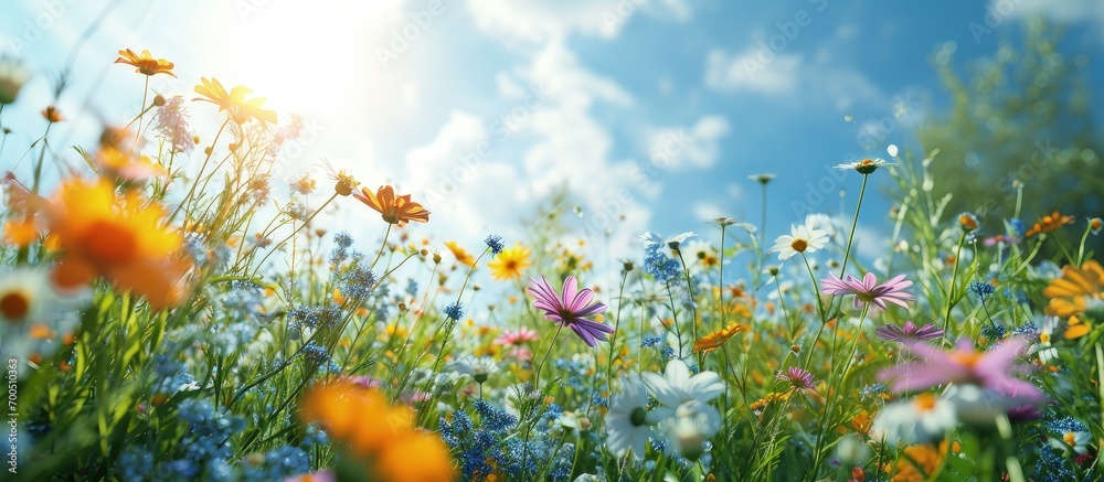 How beautifully the flowers of white red and misty colors are blooming It looks very beautiful surrounded by green nature open sky and shining sun. Creative Banner. Copyspace image