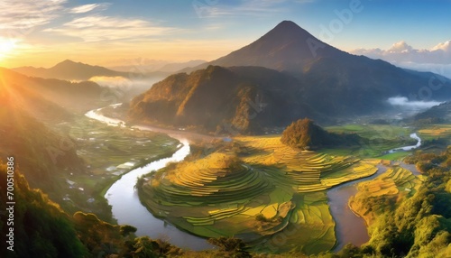 mountain and rive field with river in the middle at morning, beautiful view of rice field at the morning with clear sky