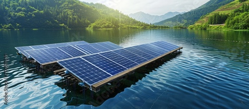 aerial view of Floating solar panels or solar cell Platform on the lake. Creative Banner. Copyspace image