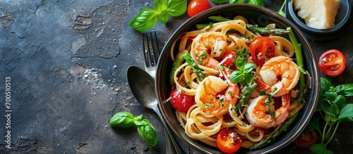 Healthy whole grain linguine with shrimps asparagus cherry tomatoes fresh Parmesan cheese and oregano. Creative Banner. Copyspace image photo