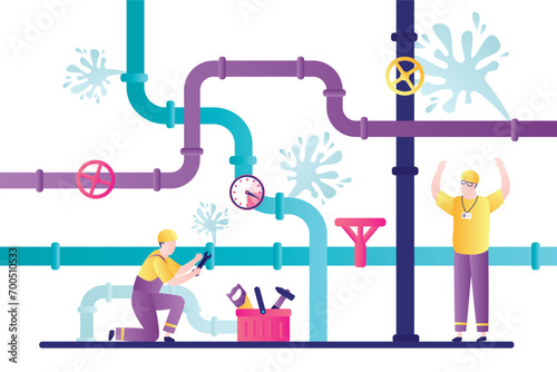 Water pipes bursts, jet of water bursts out of pipeline. Plumbers fixes problems. Group of repairman fixing leaking broken sewer. Plumber repair, damaged plastic pipeline.