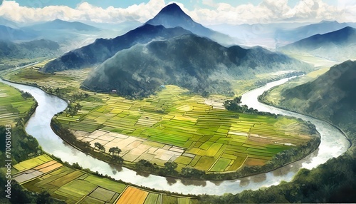 mountain and rive field with river in the middle at morning, beautiful view of rice field at the morning with clear sky
