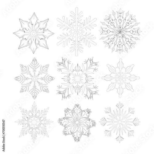  A group of elegant snowflake patterns on a transparent background, each carefully designed to showcase the stunning symmetry of frozen water crystals.