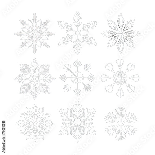 Nine unique white snowflake silhouettes against a transparent background, each showcasing the intricate and symmetrical beauty of winter's natural art.