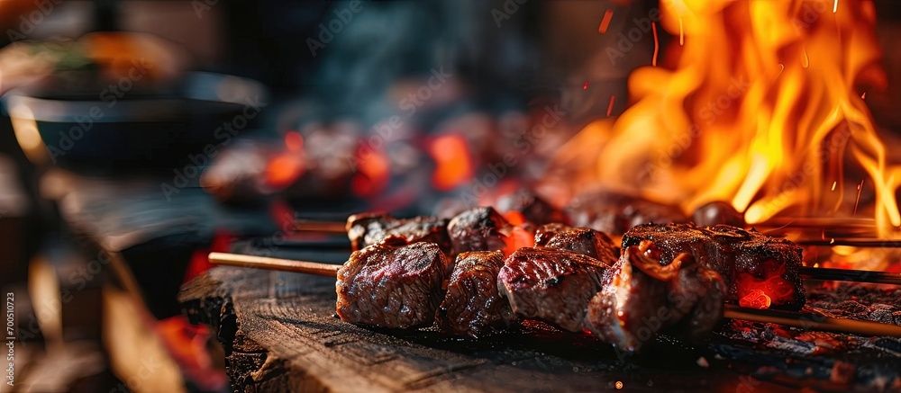 Large pieces of meat are baked and fried on spits Barbecue ham hock smoked meat grilled in an open fire flame in Oktoberfest. Creative Banner. Copyspace image Large pieces of meat are baked and fried on spits Barbecue ham hock smoked meat grilled in an open fire flame in Oktoberfest. Creative Banner. Copyspace image