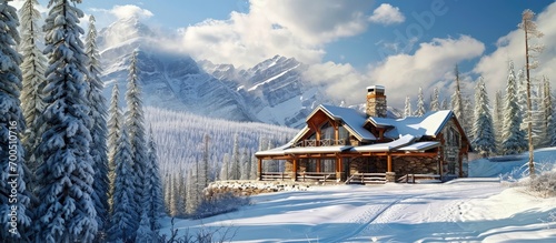 Idyllic photo of a mountain house during the winter. Creative Banner. Copyspace image