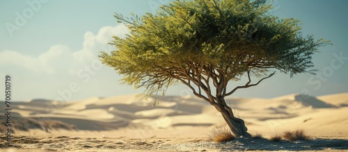 Drought tolerant evergreen Ghaf tree scientific name Prosopis cineraria thrives in arid desert sand dunes in Ras Al Khaimah emirate United Arab Emirates Ghaf trees fight desertification