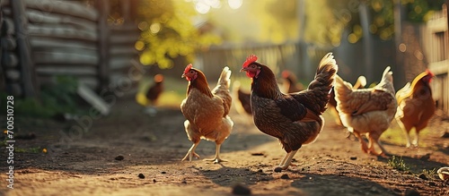 Chickens on traditional free range poultry farm. Creative Banner. Copyspace image