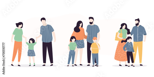 Couples in love. Family portrait, parents and children standing together, hugs. Set of happy father, mother and kids. Parenthood, childhood. Male and female characters.