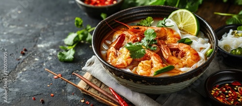 Bowl of curry laksa a spicy glass noodle dish popular in Southeast Asia with prawns bok choy lime ginger and chili Most variations of laksa are prepared with a rich and spicy coconut soup photo