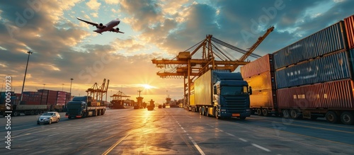 container truck freight cargo plane in transport and import export commercial logistic shipping business industry. Creative Banner. Copyspace image photo