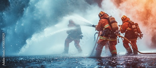 Firefighter holding high pressure fire hose nozzle Firefighters training Water jet splashing. Creative Banner. Copyspace image photo