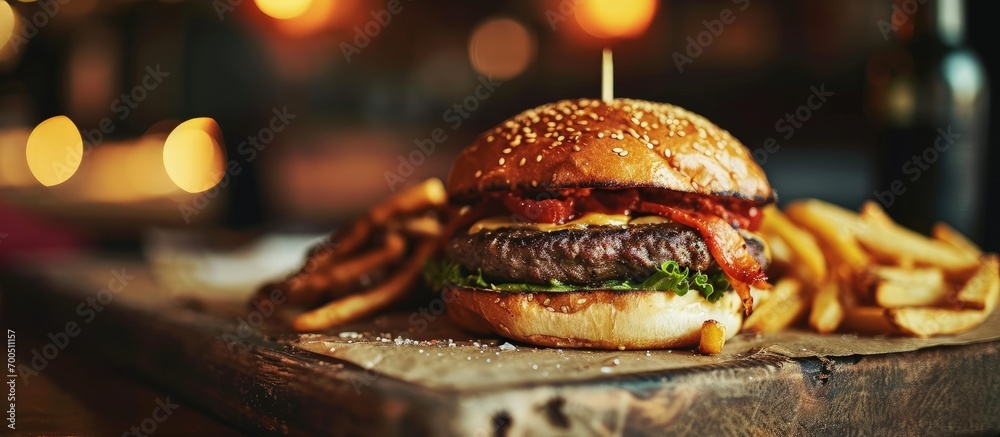 closeup of traditional cheeseburger or hamburger and french fries. Creative Banner. Copyspace image closeup of traditional cheeseburger or hamburger and french fries. Creative Banner. Copyspace image