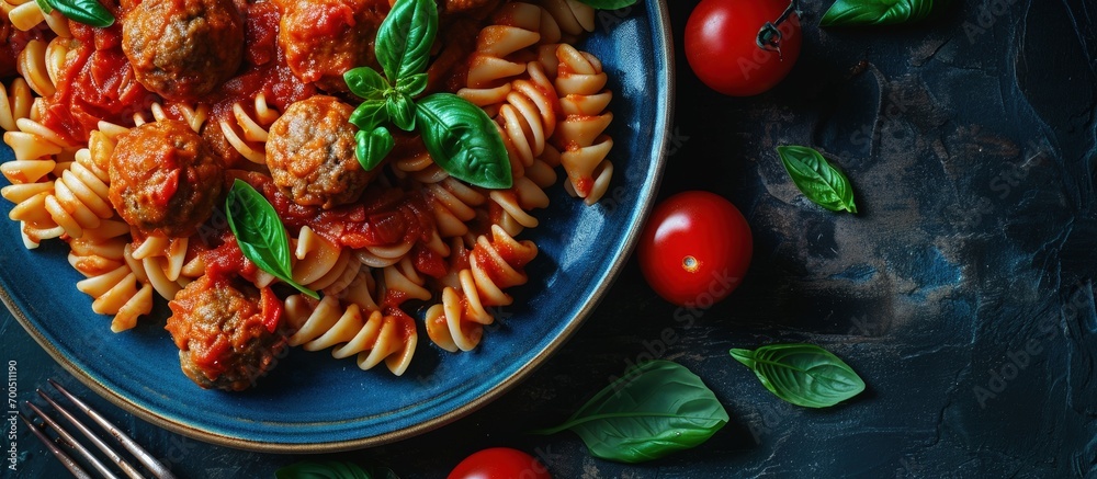 Close up of Italian pasta with tomato sauce and meatballs in blue plate. Creative Banner. Copyspace image Close up of Italian pasta with tomato sauce and meatballs in blue plate. Creative Banner. Copyspace image