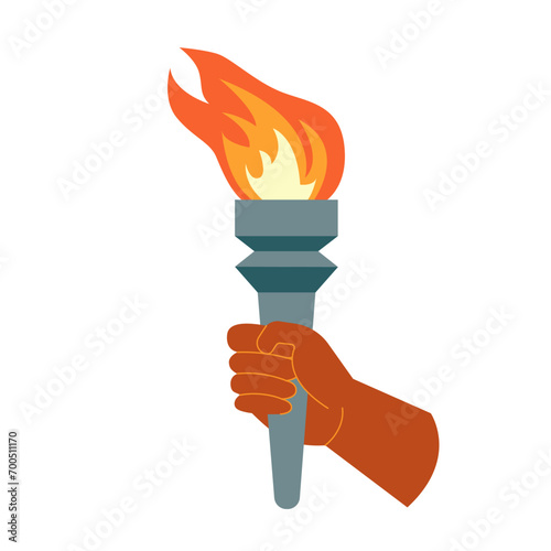 Burning torche with  flame in hand. Symbols of olimpic games, relay race, competition victory, champion or winner. Vector isolated illustrated 