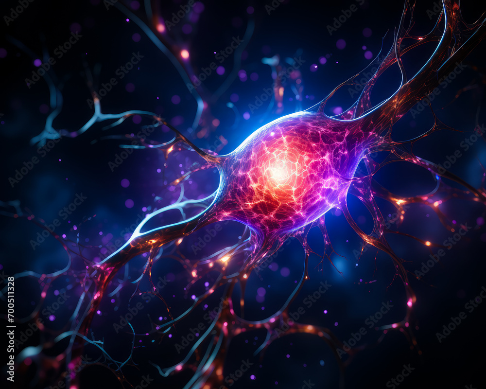 3d neuron in the dark with an artificial light. A computer generated image of a human brain