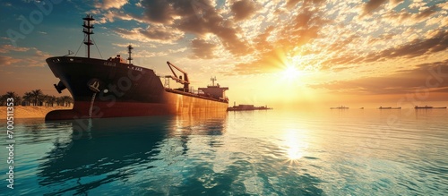 Bulk carrier ship is loading in a port on a sunny day Red sea Saudi Arabia. Creative Banner. Copyspace image photo