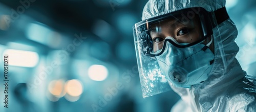 Asian scientist wear Chemical protection suit check danger chemical working at dangerous zone Collecting samples in case of Corona virus. Creative Banner. Copyspace image