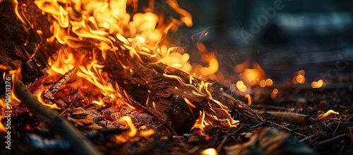 A bonfire at night with a burning stick in it. Creative Banner. Copyspace image