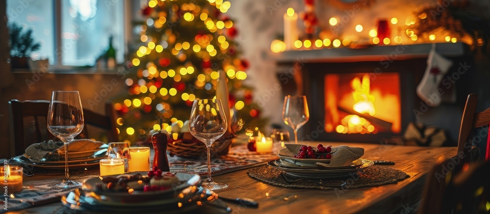 Christmas turkey dinner in front of Christmas tree near fireplace. Creative Banner. Copyspace image