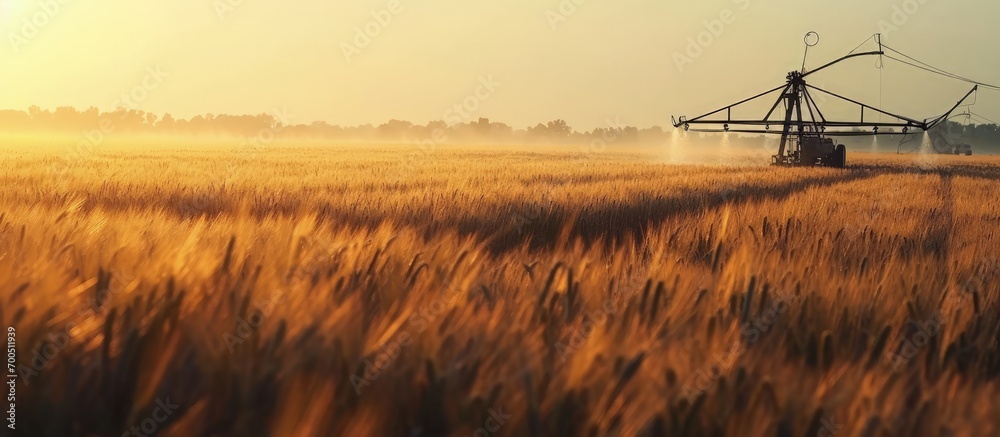 Obraz premium An early morning view of wheat field irrigated with a center pivot sprinkler system. Creative Banner. Copyspace image