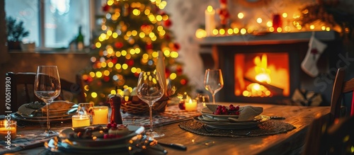 Christmas turkey dinner in front of Christmas tree near fireplace. Creative Banner. Copyspace image