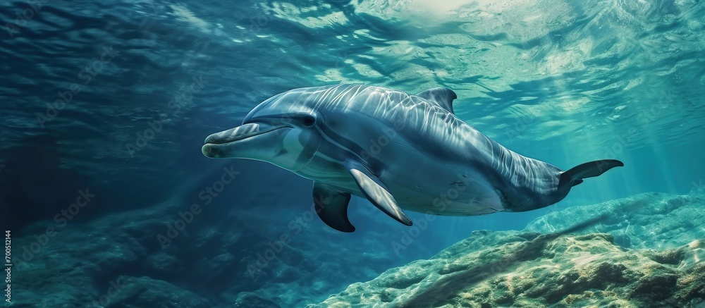 Fototapeta premium A large white dolphin swims in blue water. Creative Banner. Copyspace image
