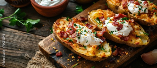 Homemade Loaded Crispy Potato Skins with Sour Cream and Bacon. Creative Banner. Copyspace image photo