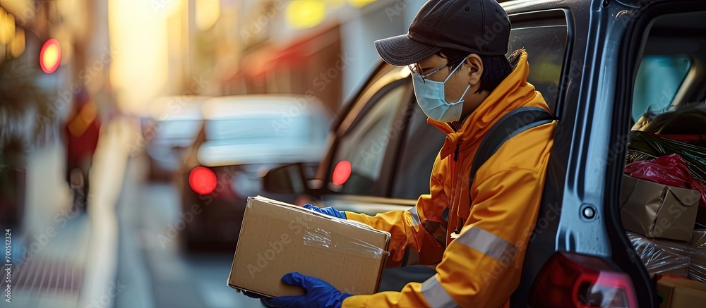 Asian Delivery man wearing mask send a package holding smartphone on front receiver shipping deliver cargo social distancing Many parcel in trunk hatchback car while the virus is spreading - obrazy, fototapety, plakaty 