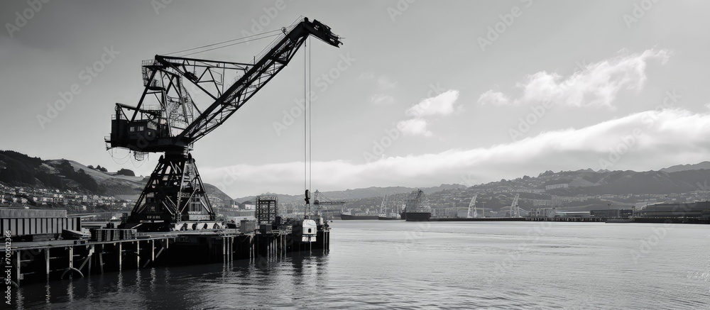 Fototapeta premium Container crane in Wellington harbor New Zealand Heavy lift cargo machinery Industrial equipment Black and white vintage style. Creative Banner. Copyspace image