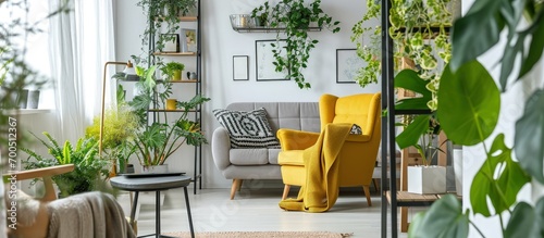 Ladder with blanket standing next to white wooden rack with decorations books and plants in bright living room interior with grey couch and mustard armchair. Creative Banner. Copyspace image photo