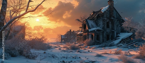 Apocalyptic landscape The remains of destroyed houses covered with snow at sunset. Creative Banner. Copyspace image