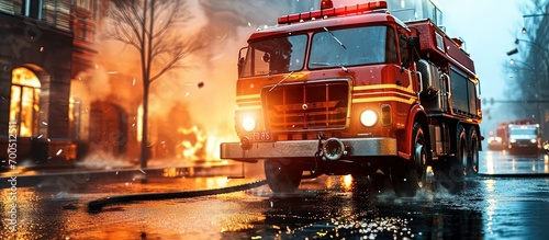 Firefighters prepare fire trucks in time for burning. Creative Banner. Copyspace image
