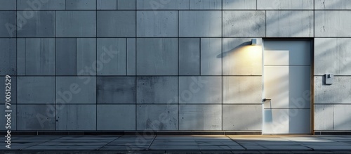A grid wall texture and door on the exterior of a modern building with a flourescent light fixture visible through the holes in the facade. Creative Banner. Copyspace image photo