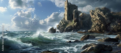 Boulder strewn beach with crashing ocean waves and destroyed concrete structure on shore. Creative Banner. Copyspace image