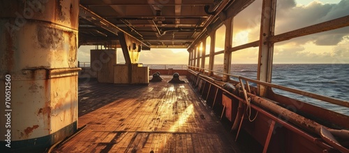 Inside empty cargo hold of general cargo ship. Creative Banner. Copyspace image photo