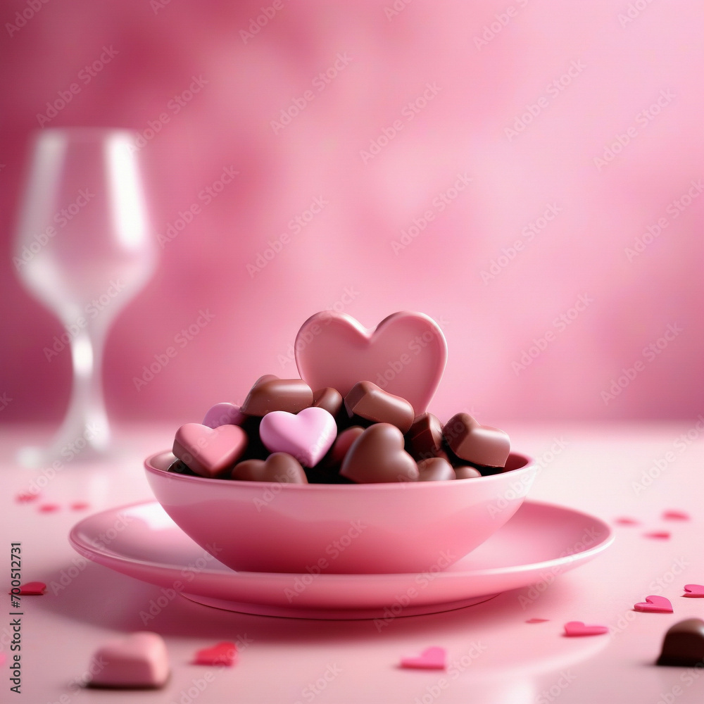 Pink heart shape milk mix chocolate in dish, romantic food symbol for Valentines day. ai generative Pink heart shape milk mix chocolate in dish, romantic food symbol for Valentines day. ai generative