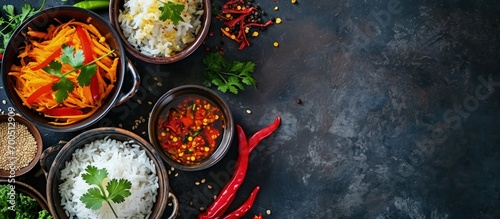 cabbage cauliflower carrots petai chilli ready to eat with warm white rice delicious spicy chili paste. Creative Banner. Copyspace image photo